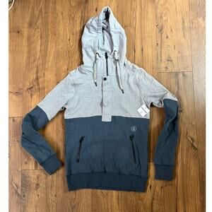 NWT Volcom Men's Small Hoodie Pullover Zip and button Gray and Blue